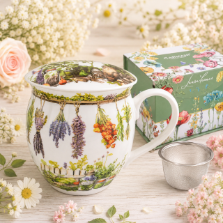 🌿 Hrnek buclák 450 ml se sítkem a víčkem – Botanické bylinky 🌿