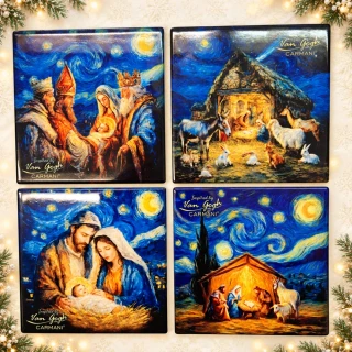 🎄✨ Sada 4 keramických podtácků CARMANI – Vánoční betlém